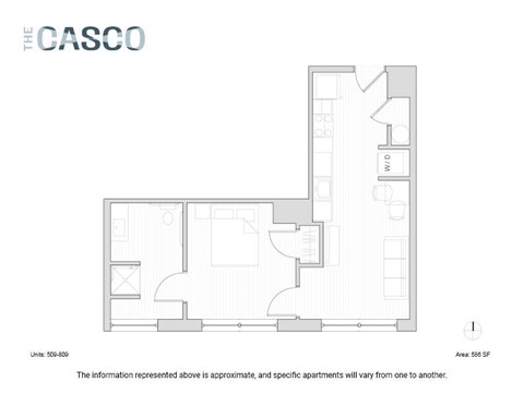 Floor plan for 1 bed, 1 bath, 586 sqft